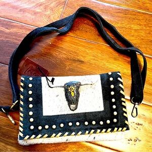 Genuine Leather Suede and Cow Fur Cross Body Bag with Inside Zip Pocket